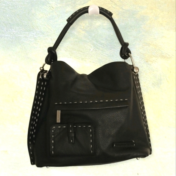 BCBG MAX AZRIA Italian Black Leather Signature Hobo Satchel Handbag Purse - Picture 2 of 8
